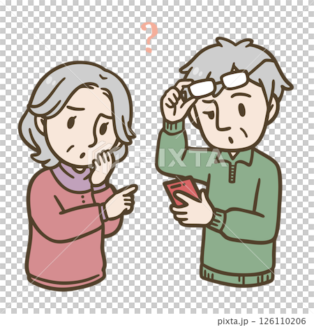 Illustration of elderly men and women confused by smartphones Illustration of elderly men and women confused by smartphones 126110206