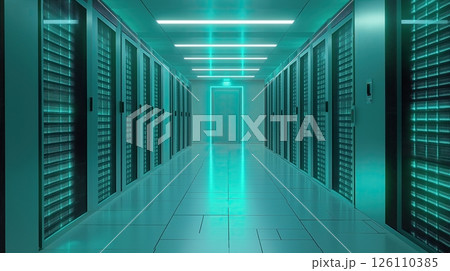 long corridor in a data center. The corridor is lined with rows of servers, each with multiple rows of data centers.	 126110385