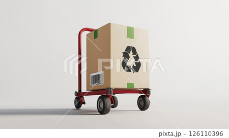 hand truck with a cardboard box on it On the left side of the image. The box is rectangular in shape and has a label on the front with a barcode and a recycling symbol	 126110396
