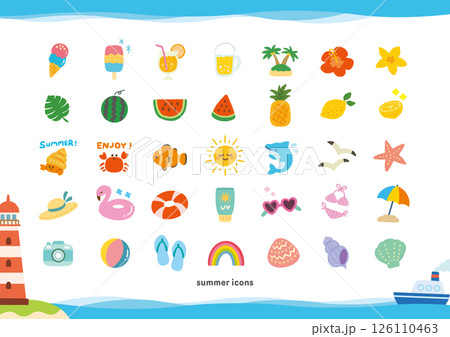 夏を楽しむ可愛いアイコンセット(海・食べ物・動物・植物) 夏を楽しむ可愛いアイコンセット(海・食べ物・動物・植物) 126110463