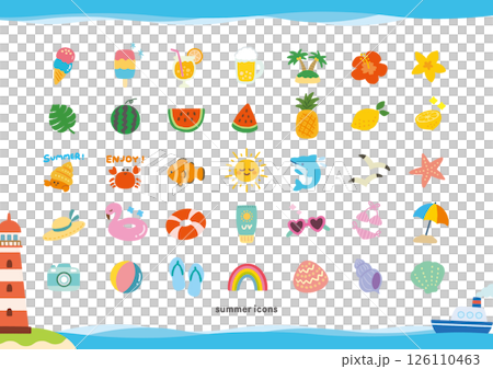 夏を楽しむ可愛いアイコンセット(海・食べ物・動物・植物) 夏を楽しむ可愛いアイコンセット(海・食べ物・動物・植物) 126110463
