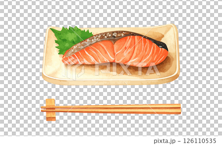 焼き鮭とお箸の水彩風イラストセット　生成AI 126110535
