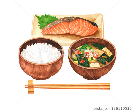白米とお味噌汁、焼き鮭の定食イラスト　生成AI 126110536