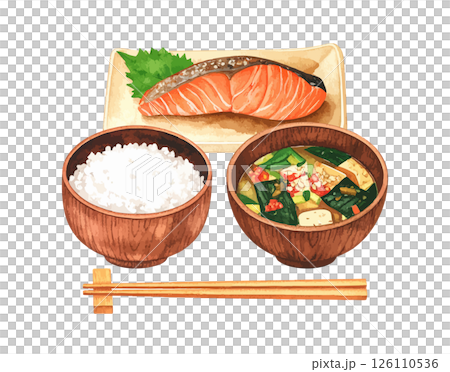 人工智慧生成的白米飯、味噌湯和烤鮭魚套餐插圖 126110536