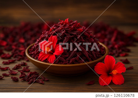 Dry hibiscus tea with flowers on plate 126110678