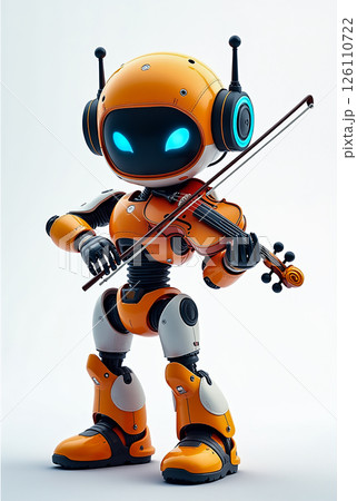Cute robot with glowing blue eyes playing violin in a futuristic setting highlighting technology and creativity 126110722