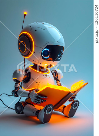 Cute robot reading a book while illuminated by warm orange lights in a cozy indoor setting, showcasing a blend of technology and curiosity 126110724