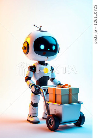 Robot helper transporting gifts in a modern setting with a soft colored background 126110725