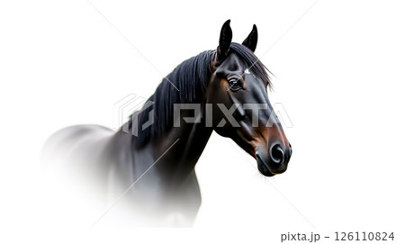 Majestic black horse with flowing mane stands gracefully against a light background Majestic black horse with flowing mane stands gracefully against a light background 126110824