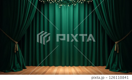 Stage set with green curtains and fairy lights creating an inviting atmosphere for a performance Stage set with green curtains and fairy lights creating an inviting atmosphere for a performance 126110841