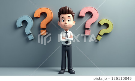 Cartoon character standing in front of colorful question marks looking confused in a modern, minimalistic setting 126110849