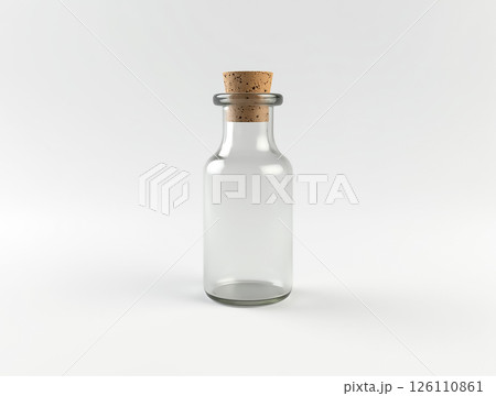 Elegant glass bottle with cork stopper on white background showcasing minimalist design and timeless appeal 126110861