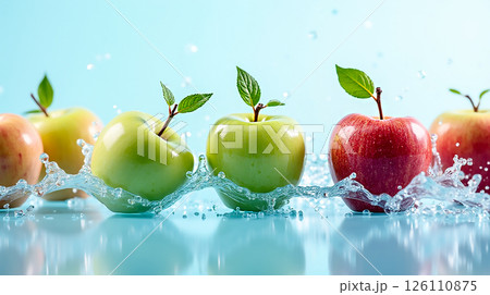 Fresh apples splash in water with mint leaves in a vibrant setting Fresh apples splash in water with mint leaves in a vibrant setting 126110875