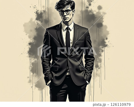 Sharp dressed man in black suit with glasses stands confidently against a textured backdrop during a creative photoshoot 126110979