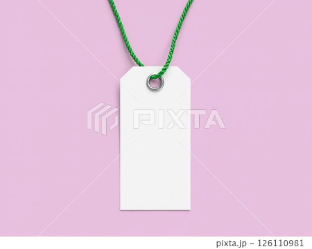 Blank white tag with green string against a pastel pink background for labeling or pricing items 126110981