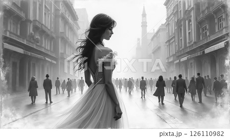 Elegant woman in a flowing dress surrounded by a bustling city street during a foggy day Elegant woman in a flowing dress surrounded by a bustling city street during a foggy day 126110982