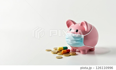 Piggy bank wearing a medical mask surrounded by coins and capsules during health precautions 126110996