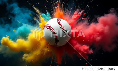 Colorful baseball explosion with vibrant powder during a dynamic sports demonstration 126111005