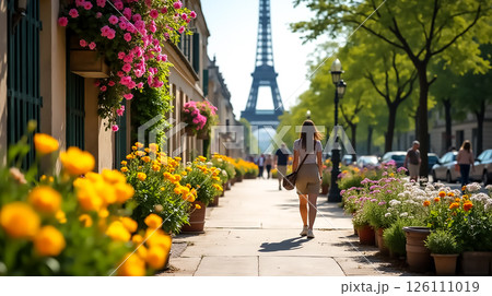 Walking along flower-lined paths with the Eiffel Tower in view during a sunny day in Paris Walking along flower-lined paths with the Eiffel Tower in view during a sunny day in Paris 126111019