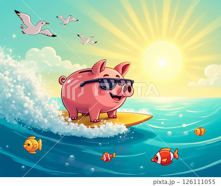 Pig surfing on a colorful wave with sunglasses under a sunny sky in a vibrant ocean setting 126111055