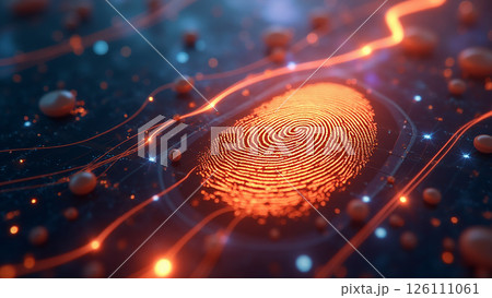 Digital fingerprint with glowing patterns against a dark background showcasing advanced technology in cybersecurity 126111061