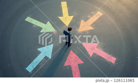 Individual stands at a crossroads with colorful arrows indicating various directions during daylight Individual stands at a crossroads with colorful arrows indicating various directions during daylight 126111065