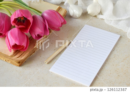 Beautiful pink tulip flowers background for Birthday, Mother's day, Valentine's Day, March 8, Wedding concept greeting card. Floral decorative frame. Festive background. Copy space for text Beautiful pink tulip flowers background for Birthday, Mother's day, Valentine's Day, March 8, Wedding concept greeting card. Floral decorative frame. Festive background. Copy space for text 126112387