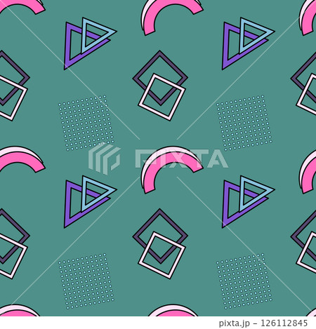 Seamless geometric pattern featuring abstract shapes like arcs, triangles, squares, and dotted squares on a turquoise background. Perfect for retro and hipster design, wallpaper, wrapping paper. Seamless geometric pattern featuring abstract shapes like arcs, triangles, squares, and dotted squares on a turquoise background. Perfect for retro and hipster design, wallpaper, wrapping paper. 126112845