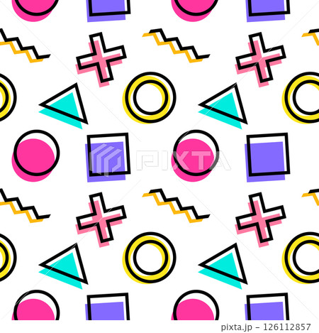 Vintage seamless pattern in Memphis and pop art style featuring of vibrant abstract geometric shapes including circles, squares, triangles, and crosses. Perfect for textiles and wrapping paper. 126112857