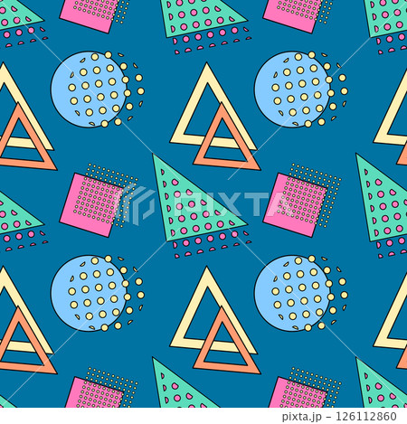 Abstract vintage Memphis seamless pattern featuring triangle, circle, square, and dots on a blue background. Cartoon and naive styles. Ideal for retro and hipster design, wallpaper, wrapping paper. Abstract vintage Memphis seamless pattern featuring triangle, circle, square, and dots on a blue background. Cartoon and naive styles. Ideal for retro and hipster design, wallpaper, wrapping paper. 126112860