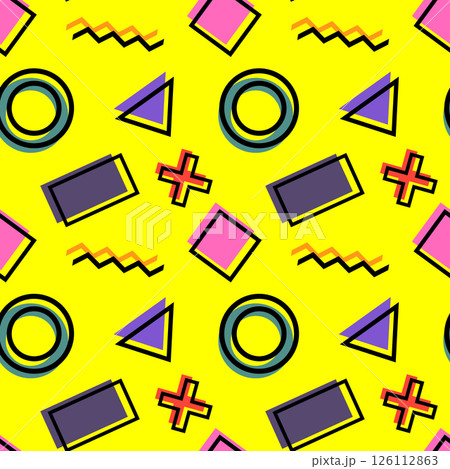 Abstract geometric seamless pattern with circles, triangles, rectangles, zigzags, and crosses in bold retro colors on a yellow background. Perfect for wallpaper, wrapping paper and gift box. Abstract geometric seamless pattern with circles, triangles, rectangles, zigzags, and crosses in bold retro colors on a yellow background. Perfect for wallpaper, wrapping paper and gift box. 126112863