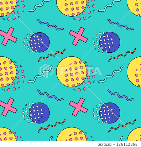 Adorable vintage 80s Memphis style seamless pattern with a naive cartoon shapes like circles, cross, wave, and dotted textures on a turquoise background. Ideal for retro and hipster design, wallpaper. 126112868