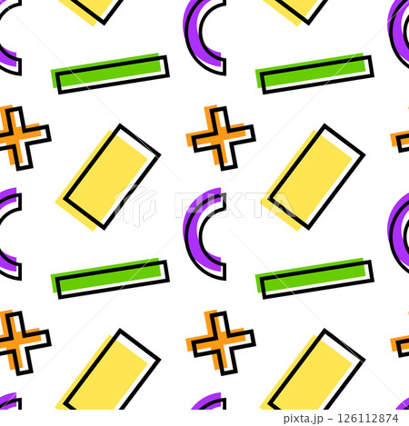 Playful vintage 80s Memphis style seamless pattern with vibrant geometric shapes like rectangles, crosses, and arcs on a white background. Ideal for retro and hipster design, wallpaper, wrapping paper 126112874