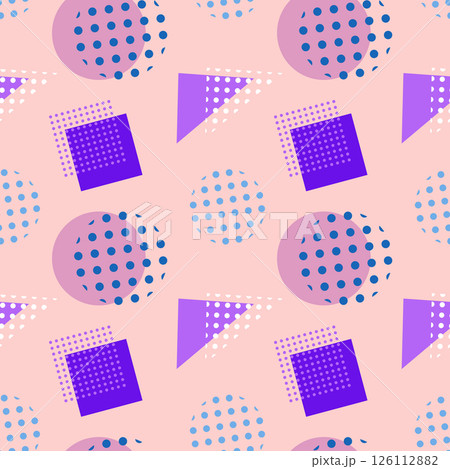 Pastel vintage 80s Memphis style seamless pattern featuring circles, squares, and triangles and dotted on a soft pink background. Ideal for retro and hipster design, wallpaper, wrapping paper. 126112882