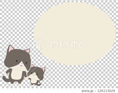 手をつなぐ笑顔のハチワレ猫親子。吹き出し付き 126113029