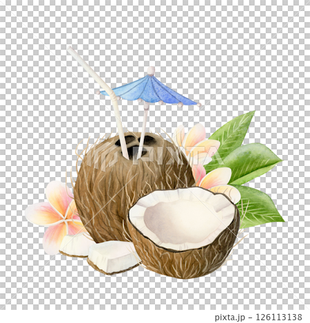 Summer coconut cocktail with tropical flowers straw and umbrella watercolor illustration isolated on a white. Healthy drink with sliced fruits clip art for vacation designs and beach cafe menus Summer coconut cocktail with tropical flowers straw and umbrella watercolor illustration isolated on a white. Healthy drink with sliced fruits clip art for vacation designs and beach cafe menus 126113138