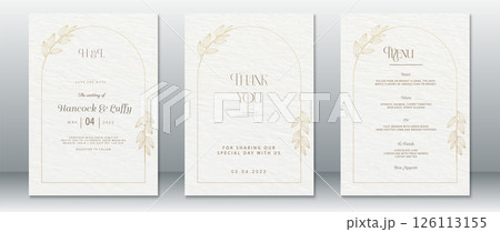Cream Minimal Wedding Invitation Set with Elegant Leaf Frame. Save the Date, Thank You, and Menu Cards 126113155