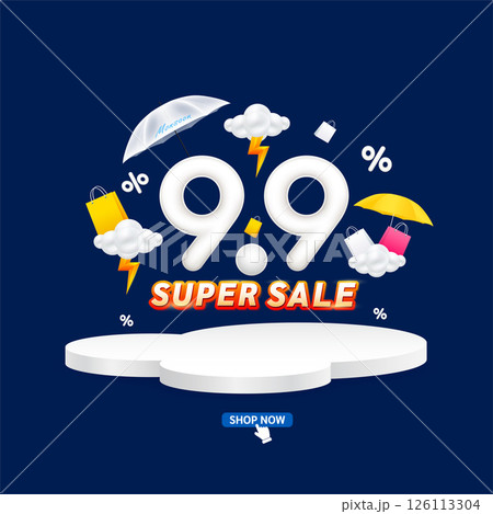 Monsoon super sale 9.9 with yellow thunder sign on clouds. Shopping under umbrella in rain. Special offer sale campaign or promotion. For social media and blank product rainbow podium scene. Vector. Monsoon super sale 9.9 with yellow thunder sign on clouds. Shopping under umbrella in rain. Special offer sale campaign or promotion. For social media and blank product rainbow podium scene. Vector. 126113304