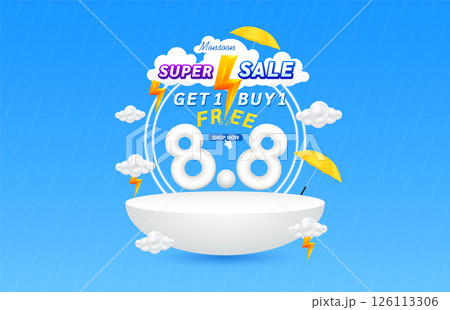 Monsoon super sale 8.8. Get 1 Buy 1 Free with yellow thunder sign on clouds. Shopping under umbrella in rain with special offer sale campaign promotion. Ads with blank product podium scene. 3D Vector. Monsoon super sale 8.8. Get 1 Buy 1 Free with yellow thunder sign on clouds. Shopping under umbrella in rain with special offer sale campaign promotion. Ads with blank product podium scene. 3D Vector. 126113306