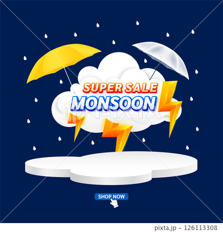 Monsoon super sale. With yellow thunder sign on clouds. Shopping under umbrella in rain. Special offer sale campaign or promotion. For social media and blank product rainbow podium scene. Vector. Monsoon super sale. With yellow thunder sign on clouds. Shopping under umbrella in rain. Special offer sale campaign or promotion. For social media and blank product rainbow podium scene. Vector. 126113308