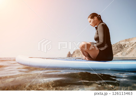 Woman Laptop Paddleboard Ocean Work Remotely Beach Woman Laptop Paddleboard Ocean Work Remotely Beach 126113463