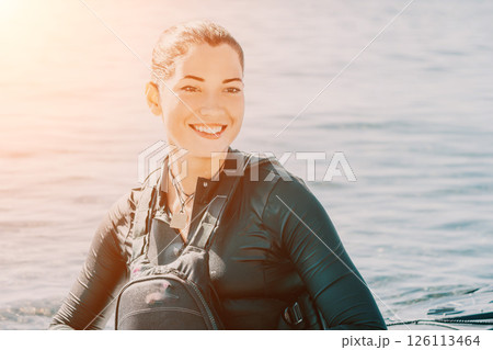 Woman Water Sports Smiling Kayak Paddleboarding Lake Sun 126113464