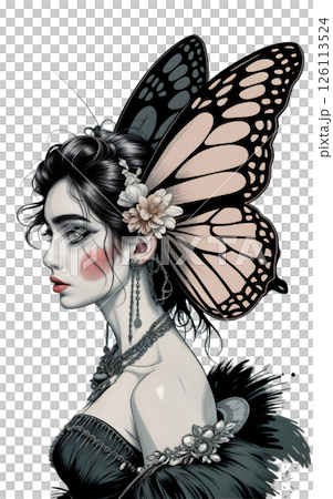 Portrait of a girl with a butterfly wing hairpin in her hair Portrait of a girl with a butterfly wing hairpin in her hair 126113524