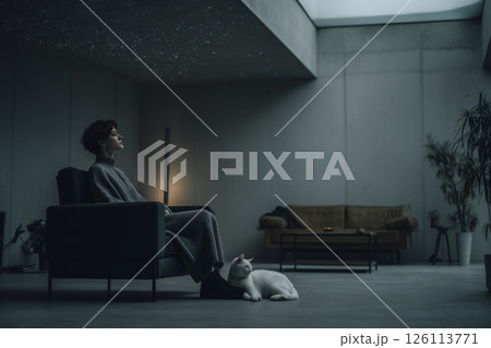 美しい星空の下、白猫と家庭用プラネタリウムのあるミニマルな部屋 美しい星空の下、白猫と家庭用プラネタリウムのあるミニマルな部屋 126113771