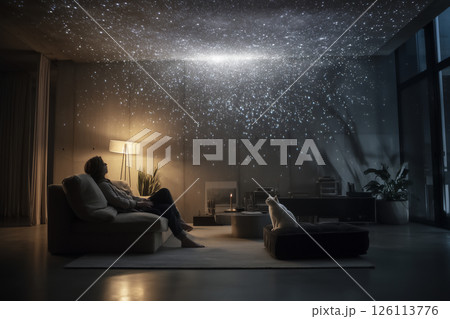 美しい星空の下、白猫と家庭用プラネタリウムのあるミニマルな部屋 美しい星空の下、白猫と家庭用プラネタリウムのあるミニマルな部屋 126113776