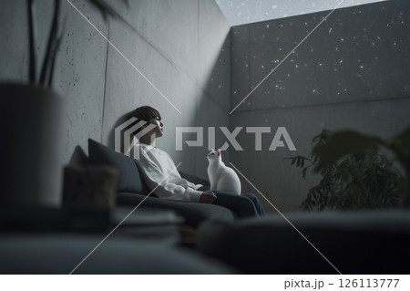 美しい星空の下、白猫と家庭用プラネタリウムのあるミニマルな部屋 美しい星空の下、白猫と家庭用プラネタリウムのあるミニマルな部屋 126113777