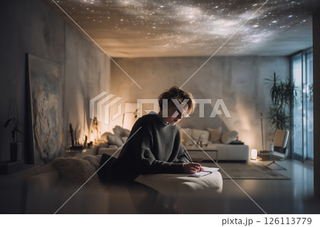 美しい星空の下、白猫と家庭用プラネタリウムのあるミニマルな部屋 美しい星空の下、白猫と家庭用プラネタリウムのあるミニマルな部屋 126113779