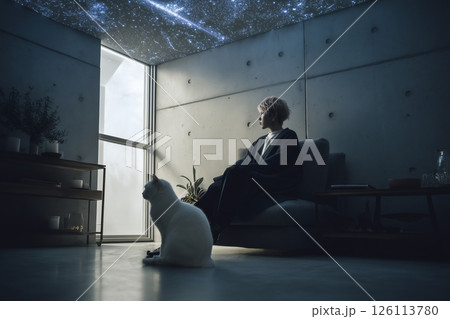 美しい星空の下、白猫と家庭用プラネタリウムのあるミニマルな部屋 美しい星空の下、白猫と家庭用プラネタリウムのあるミニマルな部屋 126113780