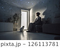 美しい星空の下、白猫と家庭用プラネタリウムのあるミニマルな部屋 126113781