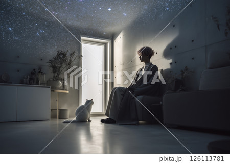 美しい星空の下、白猫と家庭用プラネタリウムのあるミニマルな部屋 美しい星空の下、白猫と家庭用プラネタリウムのあるミニマルな部屋 126113781
